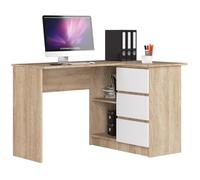 AKORD Bureau d'angle avec 2 étagères et 3 Tiroirs | Table avec Meuble de Rangement intégré et modulable | L124 x H77 x P85 | Fourniture Bureau | Chêne Sonoma & Blanc Façade