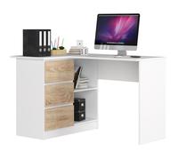 AKORD Bureau d'angle | Table avec Meuble de Rangement intégré et modulable avec 3 tiroirs et 2 étagères | L124 x H77 x P85 | Fourniture Bureaus | Couleur Blanc/Chêne Sonoma