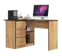 Bureau AKORD d'angle gauche B16 Chêne Craft 124 cm 3 tiroirs façade Chêne Craft 2 étagères 124x85x77 cm