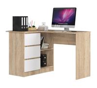 Bureau d'angle Chêne Sonoma 124 cm 3 tiroirs façade Blanche 2 étagères 124x85x77 cm