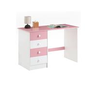 Bureau ARNE pour enfant ou adulte multi rangements, avec 4 tiroirs, en pin massif lasuré blanc et rose