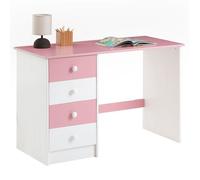 Bureau ARNE pour enfant ou adulte multi rangements, avec 4 tiroirs, en pin massif lasuré blanc et rose