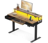 Bureau Assis Debout OffiGo avec 2 Tiroirs, Support de Moniteur, Chargeur et Lumière LED pour la Maison, 120cm, Marron