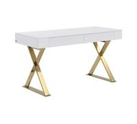 Bureau avec 2 tiroirs - MDF laqué et métal - Blanc et doré - PLEISA II de