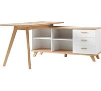 Bureau avec buffet en panneau de particules/MDF coloris blanc imitation chêne - Longueur 144 x Profondeur 145 x Hauteur 75 cm - -