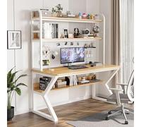 Bureau Avec Étagères De Rangement Et Panneau Perforé, Bureaux De Bureau À Domicile Modernes, Bureaus D'écriture En Bois Massif Grande Étude Écrite De Travail, Tables De Jeu Combinées(White+natural,100
