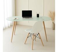 Bureau avec plateau en verre translucide et pieds effet bois chêne - 140 x 70 x 74 cm - Design moderne et élégant