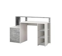 Bureau avec réhausse et rangements BOLTON - Mélamine blanc/gris béton - L138,5 x H91,6 x P53,5 cm
