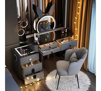 Bureau avec station de charge sans fil, table de maquillage avec 5 grands tiroirs et 3 modes d'éclairage, luminosité réglable, ensemble avec tabouret, haut-parleur Bluetooth