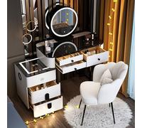 Bureau avec station de charge sans fil, table de maquillage avec 5 grands tiroirs et 3 modes d'éclairage, luminosité réglable, ensemble avec tabouret, haut-parleur Bluetooth