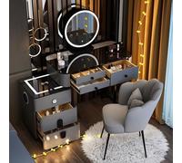 Bureau avec station de charge sans fil, table de maquillage avec 5 grands tiroirs et 3 modes d'éclairage, luminosité réglable, ensemble avec tabouret, haut-parleur Bluetooth