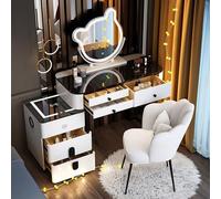 Bureau avec station de charge sans fil, table de maquillage avec 5 grands tiroirs et 3 modes d'éclairage, luminosité réglable, ensemble avec tabouret, haut-parleur Bluetooth