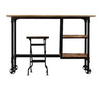 Bureau avec tabouret pliable en bois de manguier massif 115x50x76 cm | Bois de manguier massif, style ek, 2 étagères, roues, cadre en acier enduit de poudre, tabouret pliable, montage facile