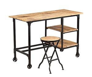 Bureau avec Tabouret Pliant Bois de manguier Massif 115x50x76cm | Style vintage, 2 étagères, roulettes intégrées, structure acier, finition laquée