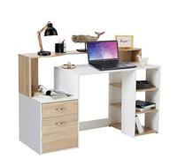 Bureau Bakaji avec tiroir et armoire Table de travail Ordinateur de porte PC en bois mélaminé Meubles de bureau à domicile Blanc Beige