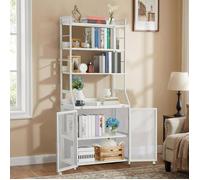 Bureau-bibliothèque 2 en 1 - LUNSY - 60,5x23,5x180 cm - Blanc - 6 niveaux - Design compact