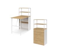 Bureau bibliothèque pliable RAY plateau rabattable bois façon hêtre et blanc