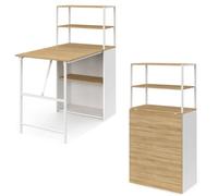 Bureau bibliothèque pliable RAY plateau rabattable bois façon hêtre et blanc