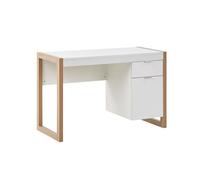Beliani Bureau Design Blanc avec Colonne de Rangement et Piétement Effet Bois Clair Style Moderne et Scandinave Idéal pour Espace Travail à Domicile