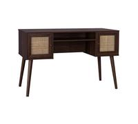 Bureau cannage et décor bois foncé avec 2 portes. 1 casier ouvert. pieds compas