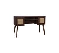 sweeek - Bureau cannage et décor Bois foncé avec 2 Portes. 1 casier Ouvert. Pieds Compas