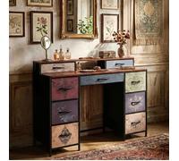 Bureau Coiffeuse 121cm - 9 Tiroirs Tissu Imprimé - Table Console Vintage - Structure Métal & Bois - Pour Chambre Salon Bureau