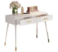 Bureau coiffeuse blanc sans miroir, 2 tiroirs, 2 en 1, 100x40x76cm | Pieds métal dorés, montage rapide, patins protecteurs et charge 50 kg : un meuble stable et facile à vivre.