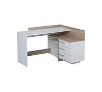 Bureau d angle 3 tiroirs Décor chene et L 128 5 P 105 7 H 83 2 cm THALES Blanc