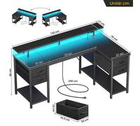 Bureau d’Angle en L Seventable avec Ports USB, Prises Électriques, Bande LED, Tiroirs et Caisson de Rangement, Bureau Gaming Réversible avec Étagère pour Moniteur et Espace de Stockage pour Bureau à D