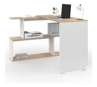 IDMarket – Bureau d'angle Joy Rotatif 180° avec étagère forme S Bois façon hêtre/Blanc