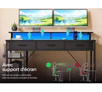 Bureau d’ordinateur avec ports USB, prises électriques, bande LED, tiroirs et caisson de rangement, bureau d’angle gaming réversible avec étagère pour écran et espaces de stockage pour bureau à domici
