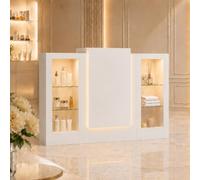 Bureau d'accueil Blanc 150cm avec LED et vitrine en verre - Comptoir de caisse avec tiroir clavier, 2 armoires éclairées et 3 bandes LED - Banque d'accueil pour salon, boutique, bureau, 150×100×52cm