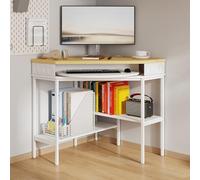 Bureau d'angle 80 × 80 × 82,5 cm avec étagère pivotante, blanc et aspect chêne, bureau avec 2 étagères, pieds réglables en hauteur, cadre en métal robuste, capacité de charge de 50 kg, bureau