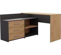 Bureau d'angle avec 3 tiroirs en L, 51 cm x 130 cm x 76 cm, Anthracite & Chêne Artisan, Debout