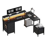 Bureau D'Angle Avec Armoire Bureau D'Ordinateur Réversible En Forme De L Avec Prise De Courant Et Ports Usb Lumières Led Et Croche
