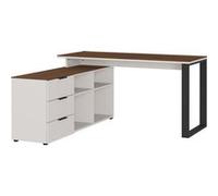 Bureau d'angle avec buffet en panneau de particules melamine coloris blanc - Longueur 145 x Profondeur 146 x Hauteur 74 cm -PEGANE - Repro Cachemire / Noyer G