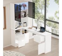 Bureau d'angle avec étagère et vitrine LED, 120 x 80 x 180 cm, bureau d'ordinateur avec passage de câble, 3 tiroirs et 2 portes, bibliothèque avec compartiments ouverts et compartiment pour animaux de