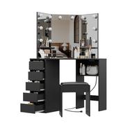 Bureau d'angle avec miroir et lumières LED - Table de maquillage avec 5 tiroirs, étagères et tabouret - Parfaite pour chambre à coucher ou salle de bain - Noir