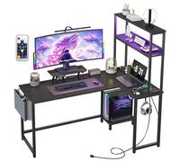 Bureau d'Angle Avec Rangement, 124x100x148cm Bureau Gaming En l Avec LED, Table Ordinateur Avec Prise Intégrée & Port USB, Table Gamer Avec Tiroir, Sac De Rangement Et Support d'Ecran, noir