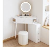 Bureau d'angle blanc clair avec miroir à luminosité réglable 1 tiroir et étagères ouvertes pour chambre à coucher 50,1 x 50 x 78 cm