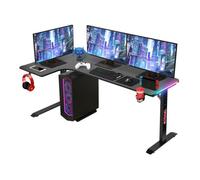 Todeco Bureau d'angle, Bureau en L Bureau Gaming LED 160 x 100cm, Grande Bureau Gamer avec Un Plateau en Fibre de Carbone, avec Porte-gobelet et Crochet pour Casque