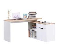 HOMCOM Bureau d'angle Bureau Informatique multimédia modulable Multi-rangements Double Niche + tiroir et Placard en Bois Clair Blanc