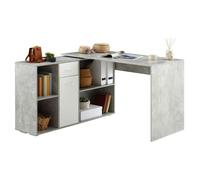 Bureau d'angle CARMEN avec meuble de rangement intégré 4 étagères 1 porte et 1 tiroir, décor béton et blanc mat