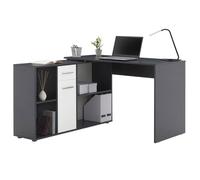 Bureau d'angle CARMEN table avec meuble de rangement intégré 4 étagères 1 porte et 1 tiroir, béton foncé/blanc