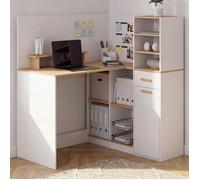 IDMarket - Bureau d'angle Charles avec 1 porte, compartiments et un tiroir, avec support d'écran en blanc et aspect bois de hêtre