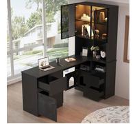 Bureau d'angle complet rangement 120 x 80 x 180 cm, MDF noir, vitrine LED, bibliothèque, 3 tiroirs et 2 portes