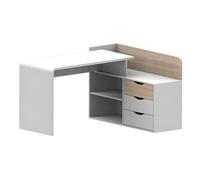 Bureau d'angle DECLAN II - MDF - 3 tiroirs & 2 niches - Coloris : Blanc & Chêne Naturel clair, Blanc