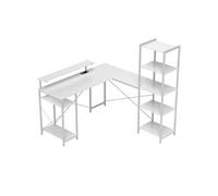 HOMCOM Bureau d'angle en Forme L, Bureau d'ordinateur avec Rangement 137 cm - Prise intégrée, Support d'écran, Support CPU et étagère de Rangement, pour Petit Espace, Blanc