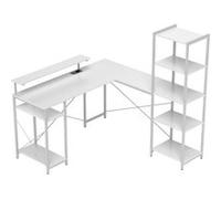 HOMCOM Bureau d'angle en Forme L, Bureau d'ordinateur avec Rangement 137 cm - Prise intégrée, Support d'écran, Support CPU et étagère de Rangement, pour Petit Espace, Blanc