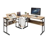 CostwayBureau d'Angle en forme de L Ajustable à Bureau Droit 2 Personnes avec Plateau Inclinable Support Centrale Naturel